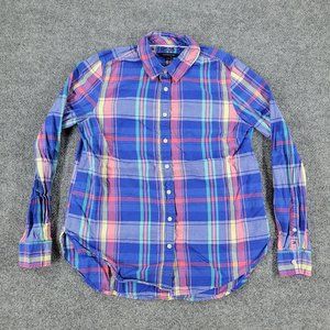 Tommy Hilfiger Button Shirt Women's Small Blue Green Plaid Long Sleeve Relaxed
